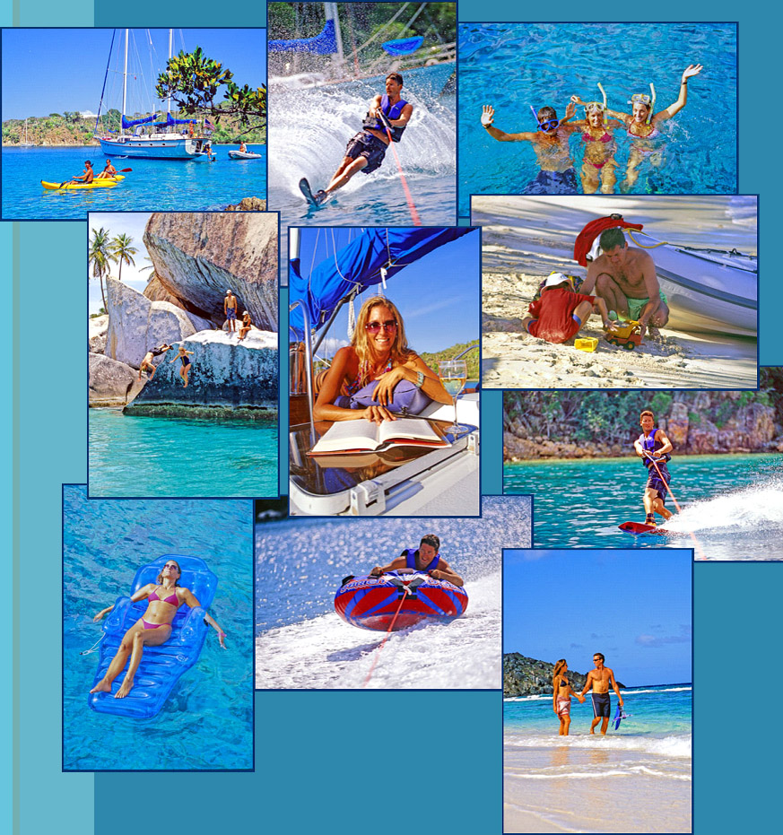 A montage of vacation photos of guests enjoying water sports in the Caribbean