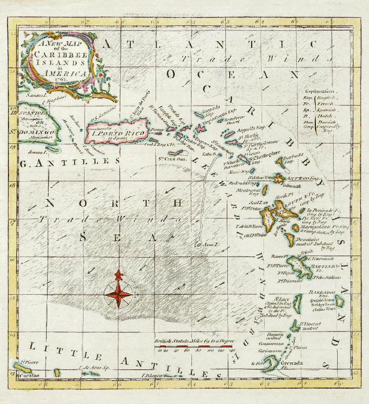 1761 Caribbean map with links to the Islands