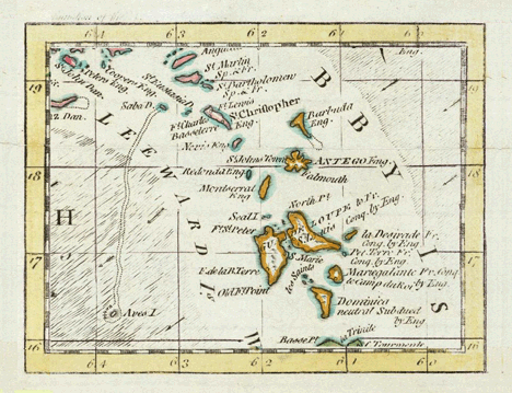 1761 map of the Leeward Islands, Antigua, Montserrat, Guadeloupe and Dominica