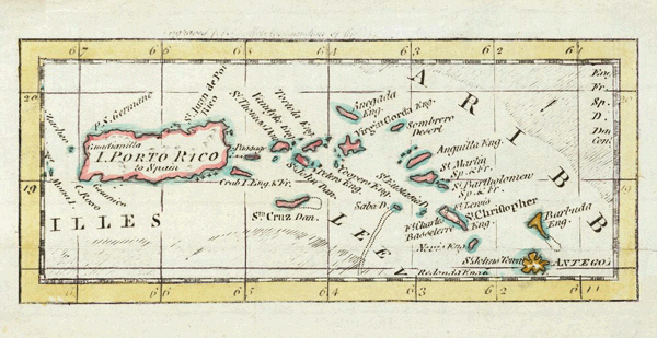 1761 Map of the Virgin Islands, St. Thomas, BVI, St.Martin and St. Kitts and Nevis