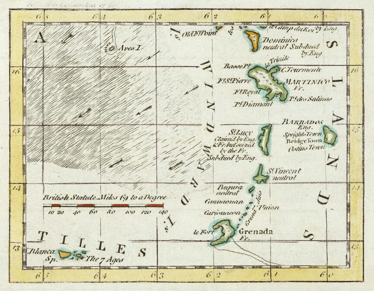 1761 map of the Windward Islands, Martinique, St. Lucia, Barbados, St. Vincent, Grenadines and Grenada