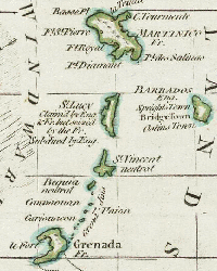 1761 map of the Windward Islands, Martinique, St. Lucia, Barbados, St. Vincent, Grenadines and Grenada